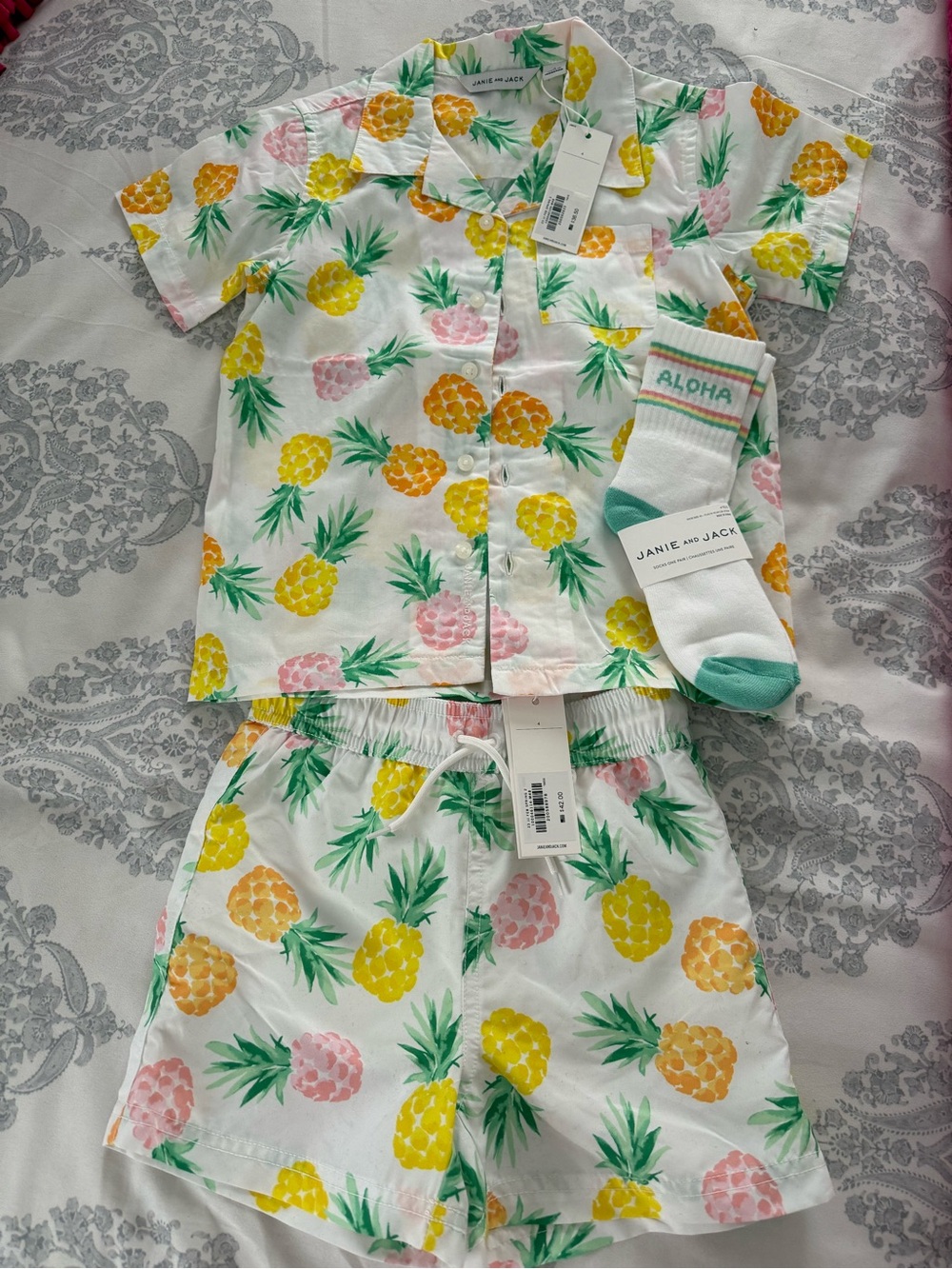 Janie and Jack White Pineapple Print Short Swim Set with Pink & Yellow Accents